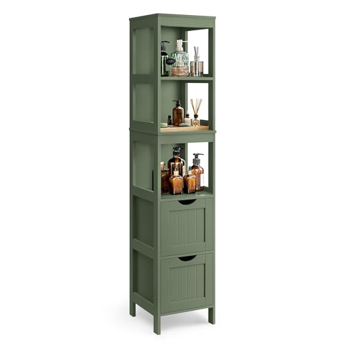 VASAGLE Storage Cabinet, Storage Organizer Rack Stand for Bathroom, Living Room, Multifunctional Corner Unit, 2 Drawers, 55.7 Inches in Height, Forest Green UBBC066C01 - color: Forest Green, size: 55.7"H