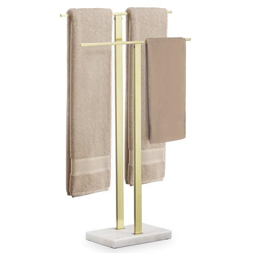 KES Standing Towel Rack with Heavy Marble Base, 2-Tier, Brushed Gold | 8.23 Lb Base For Stability, Compact Footprint Fits Small Spaces, Freestanding Design, Bathroom Floor, SUS304 Stainless Steel - color: Gold, size: 33” H (2-tier)