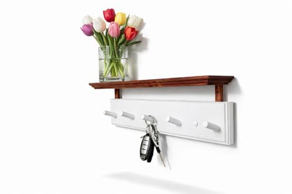 ) Matías Coat Rack Wall Mount with Shelf, 18 Inch Solid Wood Peg Rail, Wall Mounted Coat Rack with 5 Hooks, Wall Mount Shelf for Entryway, Bathroom or Bedroom (White and Natural Wood) - color: white and natural wood