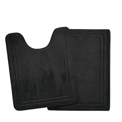 Black Bathroom Rugs Memory Foam Bath Toilet Contour Mat Set 2 Piece | Non Slip Washable Floor Mats U-Shaped Toilet Rug Soft Absorbent Plush Microfiber Shower Tub Bathmat Gray,24"x17"+24"x20" - color: Black, size: 17 in x 24 in and 20 in x 24 in