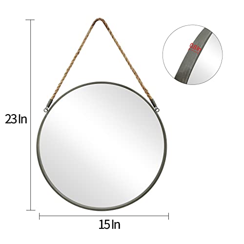 POZINO 15" Small Round Hanging Mirror with Grey Metal Frame - color: Grey, size: 15"L x 15"W