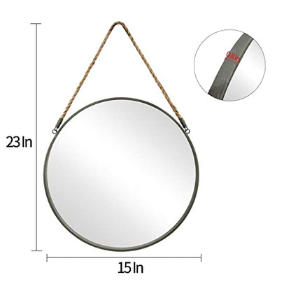 POZINO 15" Small Round Hanging Mirror with Grey Metal Frame - color: Grey, size: 15"L x 15"W