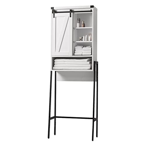 Over Toilet Storage Cabinet with Barn Door & Adjustable Shelves | 24 Inch Wide Bathroom Organizer, Space-Saving, Sturdy Wood, Anti-Tipping, Easy Assembly, for Restroom, Laundry, Small Spaces - color: White
