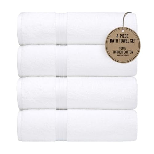 Soft Bath Towels Set of 4 - Luxury & Absorbent - Large (28" x 56") 100% Cotton - Versatile, Perfect as, Hotel Towels, Spa Towels - White - color: White