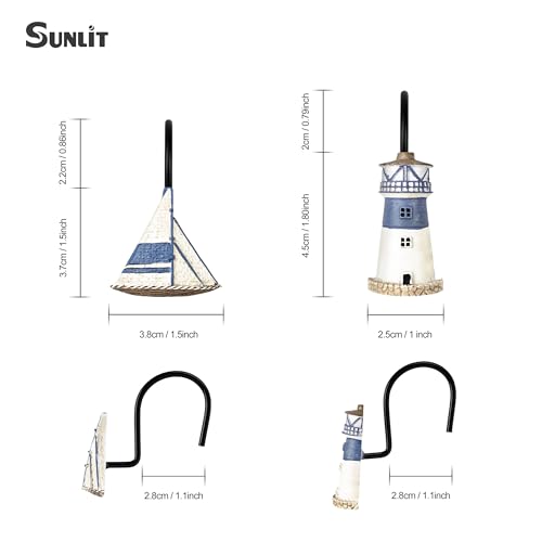 Sunlit Nautical Shower Curtain Hooks, Home Decorative Coastal Shower Curtain Rings with Black Hooks for Bathroom, Resin, Ocean Shower Curtain Hanger Hooks, Set of 12, Blue Lighthouse Sailboat - size: Sailboat & Lighthouse With Black Hooks