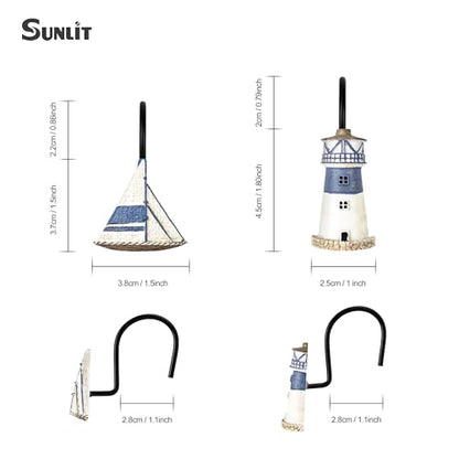 Sunlit Nautical Shower Curtain Hooks, Home Decorative Coastal Shower Curtain Rings with Black Hooks for Bathroom, Resin, Ocean Shower Curtain Hanger Hooks, Set of 12, Blue Lighthouse Sailboat - size: Sailboat & Lighthouse With Black Hooks