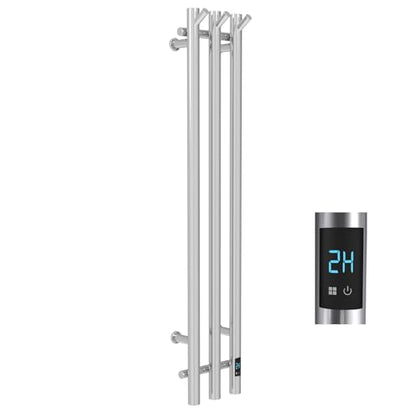 Electric Heated Towel Rack with Timer, Wall-Mounted Towel Warmer, 3 Vertical Bars, Plug-in or Hardwired, 38 Inch Height, Round Design (Silver) - color: Polish