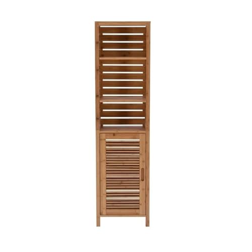 Pemberly Row Tall Bamboo Linen Cabinet, 61.75 in Height, 6-Shelf Tower, Natural Brown Finish, Solid Bamboo Construction, Versatile Storage for Bathroom or Home Organization
