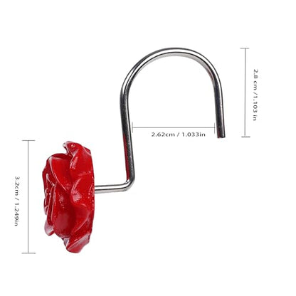 Twofish Home Red Rose Flower Shower Curtain Hooks Anti Rust Shower Curtain Hooks Decorative Resin Red Rose Flower Shower Curtain Rings Set of 12 - color: Red Rose