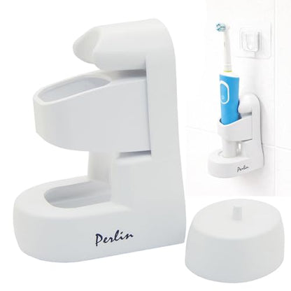 Perlin Electric Toothbrush Holder Wall Mount No Drilling Self Adhesive Toothbrush Organizer Charging Base Stand Waterproof Space Saving Bathroom Storage White