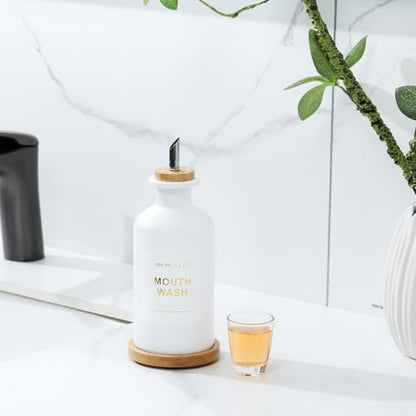 11.8OZ Mouthwash Dispenser for Bathroom, White | Bamboo & Stainless Steel Pour Spout, Mouthwash Cup Reusable, Bamboo Tray, Elegant Gold Label - color: White/350*1