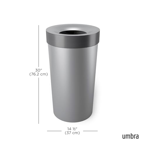 Umbra Vento Kitchen Trash Can, Open Top Bin, 16.5 Gallon, Grey/Nickel | Brushed metal accents, bag concealing design, easy wipe clean, fits home and office, durable plastic - color: Grey/Nickel