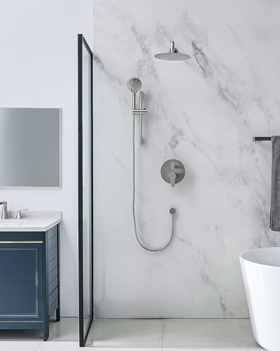 Fapully Wall Mounted 10-inch Shower System, Shower Faucets Sets Complete Round Shower Heads and Faucet Set with 6-Spray Handheld and Slide Bar Combo Included Valve and Trim Kit, Brushed Nickel