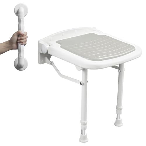 Wall Mounted Shower Seats with Bathroom Grab Bar, Support 550lbs, Adjustable Height Fold Down Shower Seat Wall Mounted, Folding Shower Bench Wall Mounted for Elderly-Adults-Pregnants-Seniors-Disabled - size: Shower Seat with grab bar