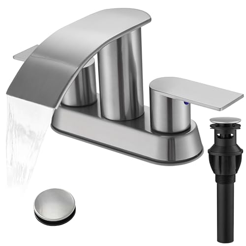 Waterfall Bathroom Sink Faucet 4 Inch Brushed Nickel Faucet Bathroom with Pop Up Drain 2 or 3 Holes Bathrooms Basin Lavatory Mixer Tap with Deck Mount Plate - color: Brushed Nickel, size: 4 Inch