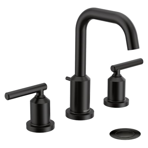 Moen Gibson Two-Handle High Arc Widespread Modern Bathroom Sink Faucet for 3-Hole Setups with Valve Included, Matte Black, TV6142BL - color: Matte Black, style: Valve + Trim