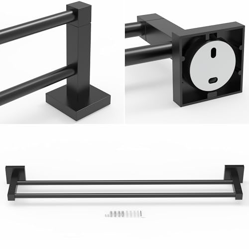 RUACQ Double Towel Bar 24" Towel Racks for Bathroom Wall Mounted Black | One-Piece Bath Towel Holder, Total Length 26 Inch Single Towel Rod, 304 Stainless Steel Rustproof, Square Base, Heavy Duty - color: Matte Black, size: 24 inch(Center to Center) Doubl
