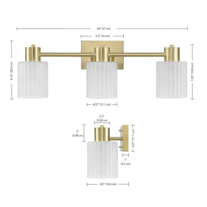 Globe Electric 3-Light Vanity Light, Matte Brass, Frosted Ribbed Glass Shades - color: Matte Brass, Frosted Ribbed Glass