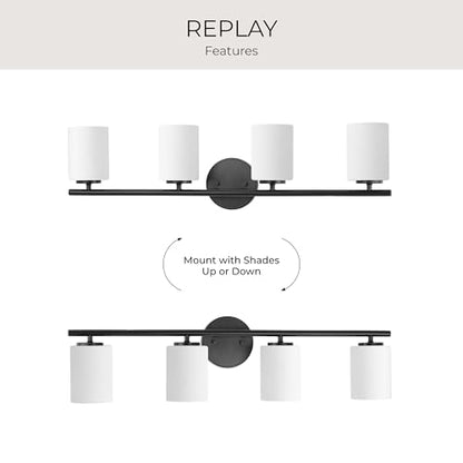 Replay Collection 4-Light Etched Glass Modern Bath Vanity Light Textured Black - color: Textured Black, size: 4-Light