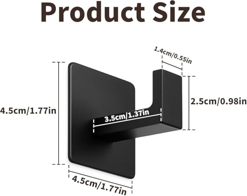 Towel Hooks Adhesive No Drill, 2 Pack Matte Black Metal Hooks, Right Angle Design for Bathroom, Kitchen, Cabinet, Door, Holds Robes, Hats, Coats, Organizer for Smooth Surfaces