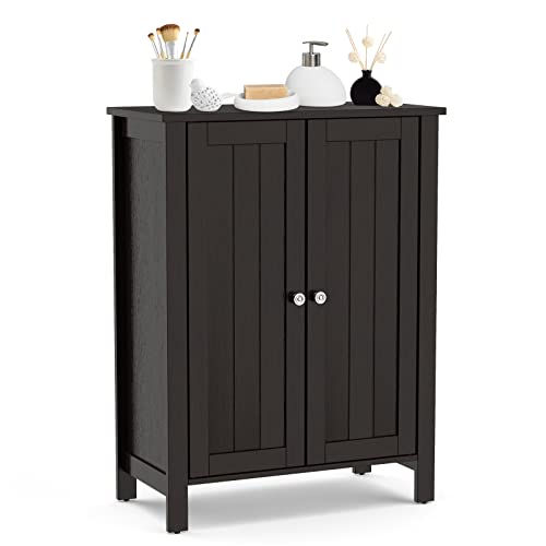 COSTWAY Bathroom Floor Cabinet, Freestanding Side Storage Organizer (Brown) | with Double Doors & Adjustable Shelf, Wooden Storage Cabinet for Living Room, Bedroom, Kitchen, Entryway - color: Brown