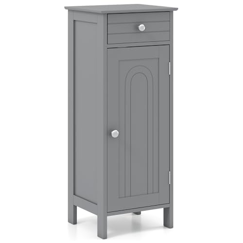 Tangkula Bathroom Floor Cabinet, Free-Standing Single Door Storage Cabinet with Drawer & 2 Adjustable Shelves, Wooden 14”L Narrow Side Storage Organizer for Small Spaces, Living Room, Kitchen (Grey) - color: Grey