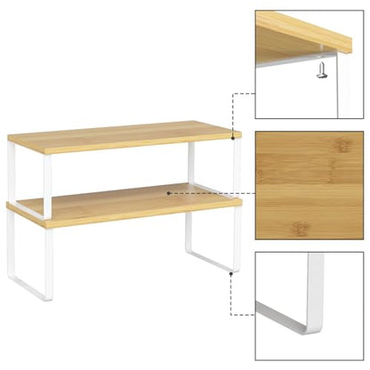 NEX Kitchen Cabinet and Counter Shelf Organizer, Stackable & Expandable, Set of 4, White and Natural - 7.7 x 15.6 x 6.2'' | Stackable Expandable Spice Rack, Space-Saving Pantry Organizers Bathroom Countertop Storage, White and Natural - color: Cloud White
