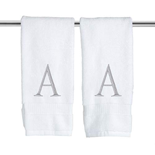 White with Silver Monogrammed Hand Towels for Bathroom - Set of 2 Letter A | Luxury Hotel Quality Initial Towels For Powder Room, Spa, GOTS Organic Certified - color: Silver, size: Initial A