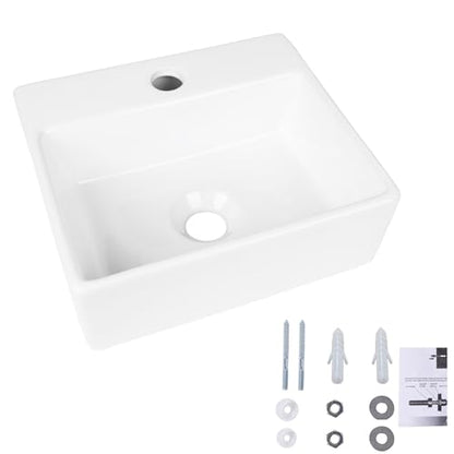 Wall Hung Bathroom Vessel Sink, QISHKA 13" X 11.5" Rectangular Floating Ceramic Wash Hand Basin White Wall Mount Vanity Sink for Small Bathroom and Small Cloakroom - size: 13.2" x 11.5" x 4.5"