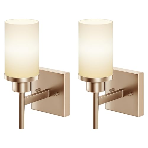 Vanity Lighting Fixtures with White Frosted Glass Shade, Champagne Bronze Wall Lamps for Bathroom Mirror Bedroom Living Room Porch, 2 Pack T001CPG-L1-P2 - color: Champagne Bronze, size: 1-Light (2 Pack)