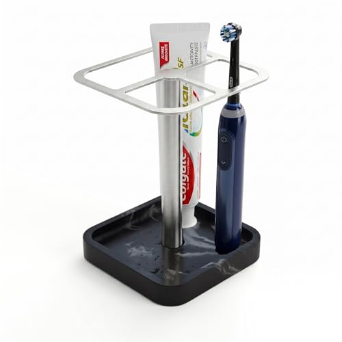 Stainless Toothbrush Holder，3-Slot Design with Resin Marble Base | Hole-Eye Stone Collection: Stainless Steel Electric Toothbrush Holder – Rustproof Vanity Organizer & Space-Saving Caddy - color: Black Silver