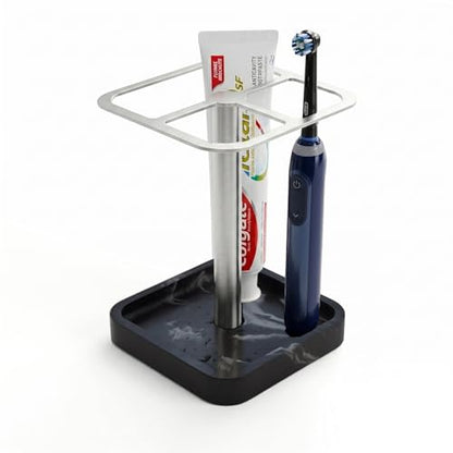 Stainless Toothbrush Holder，3-Slot Design with Resin Marble Base | Hole-Eye Stone Collection: Stainless Steel Electric Toothbrush Holder – Rustproof Vanity Organizer & Space-Saving Caddy - color: Black Silver
