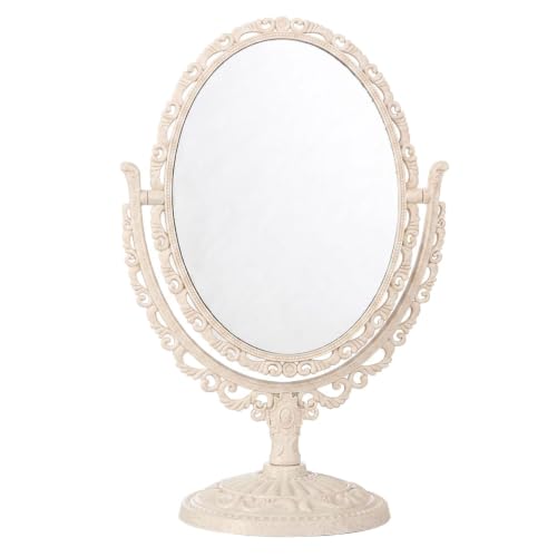 Schones Geschaft 2-Sided Tabletop Makeup Mirror, Swivel Vintage Dresser Cosmetic Mirror, Bathroom Bedroom Dressing Beauty Mirror (Beige) - color: Beige