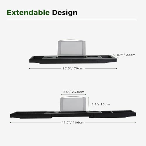 Utoplike Bamboo Bathtub Tray Caddy, Black Bath Tray Table for Tub | Adjustable Bathroom Organizer for Tub with Book Tablet, Wine Glass Cup, Towel Holder - color: Black