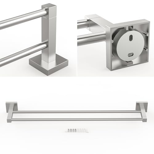 RUACQ Double Towel Bar 24" Towel Racks for Bathroom Wall Brushed Nickel | One-Piece Bath Towel Holder, Total Length 26 Inch Single Towel Rod Wall Mounted, 304 Stainless Steel Rustproof, Square Base - color: Brushed Nickel, size: 24 inch(Center to Center)