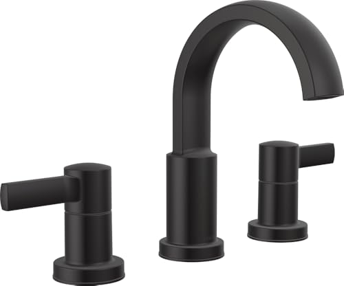 Delta Albion Matte Black Bathroom Faucet 3 Hole, 8 Inch Widespread Bathroom Sink Faucet for Vanity, Metal Push-Pop Drain Assembly, Matte Black 35855LF-BL - color: Matte Black