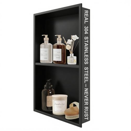 304 Stainless Steel Shower Niche Insert-24 x 12" No Tile Needed Bathroom Niche for Shower Wall-Double Shelves Built in Shower Shelf-Waterproof Recessed Cabinet for Bathroom Living Room Study Kitchen