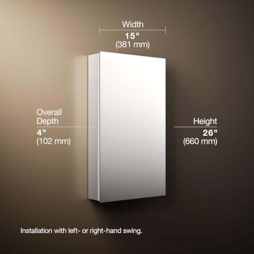 Kohler 55061-NA Embark Slim Medicine Cabinet Mirror, Adjustable Shelves with Mirrored Door, 15 in. W x 26 in. H - size: 15 in. x 26 in., style: Flat Edge