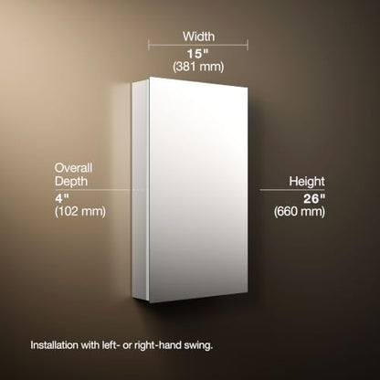 Kohler 55061-NA Embark Slim Medicine Cabinet Mirror, Adjustable Shelves with Mirrored Door, 15 in. W x 26 in. H - size: 15 in. x 26 in., style: Flat Edge