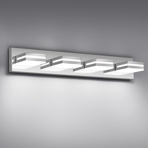 Modern LED Stainless Steel Chrome Acrylic Bathroom Lights Fixtures 4-Light | Wall Lighting,Vanity Lights for Bathroom Over Mirror 6000K 350°Rotate（No Assembly Required） - color: Chrome, size: 27.17 in