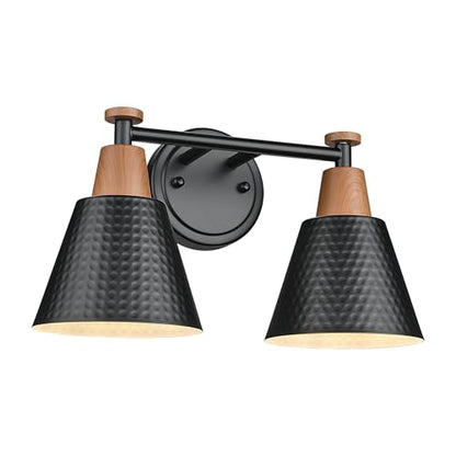 FEMILA Modern 2 Light Bathroom Vanity Lights, Industrial Bathroom Light Fixtures Over Mirror, Black Vanity Lighting Fixtures, Woodgrain Finish, 4FG59B-2W BK-NW - color: Matte Black & New Woodgrain, size: 15"