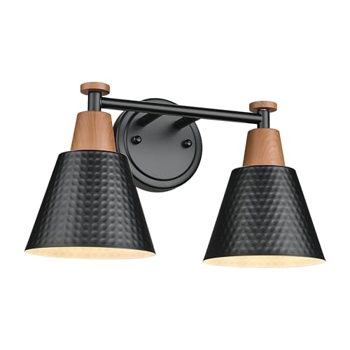 FEMILA Modern 2 Light Bathroom Vanity Lights, Industrial Bathroom Light Fixtures Over Mirror, Black Vanity Lighting Fixtures, Woodgrain Finish, 4FG59B-2W BK-NW - color: Matte Black & New Woodgrain, size: 15"