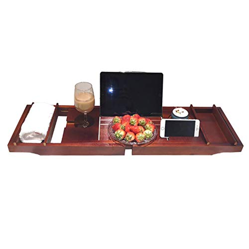 Bamboo Bathtub Tray Expandable Bath Caddy Organizer with Reading Rack Wooden Spa Bath Tub Shelf Storage Bridge for Bathroom Relaxation-Red