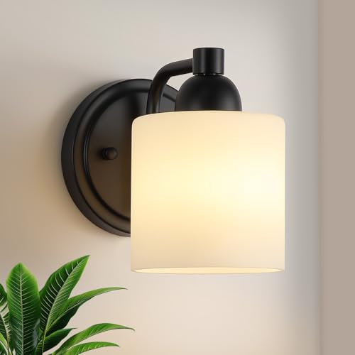 Mecgirn Matte Black Milk Glass Wall Sconces, 1 Pack Hardwired Indoor Wall Light Fixtures for Living Room, Hallway, Bedroom, Ceramic E26 Sockets (Bulbs Not Included) - color: Matte Black, size: 1 Light