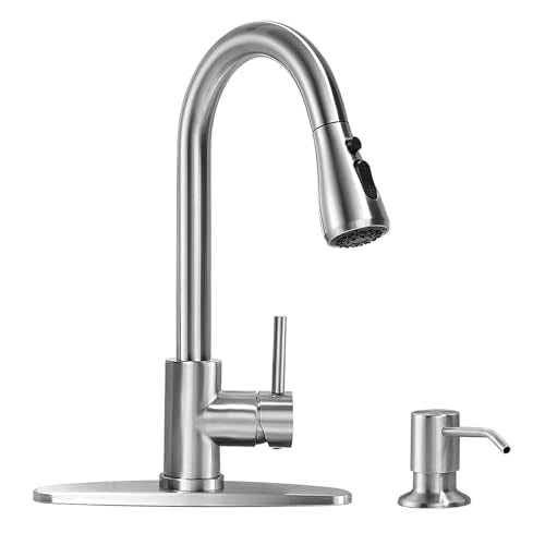 VFAUOSIT Kitchen Faucet with Pull Down Sprayer and Soap Dispenser | Deck Plate Included for 1–4-Hole Sinks, 3 Spray Modes, 20-Inch Hose, 360° Swivel, SUS304 Steel, 15-Minute Install - color: Brushed Nickel-05