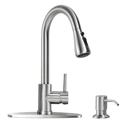 VFAUOSIT Kitchen Faucet with Pull Down Sprayer and Soap Dispenser | Deck Plate Included for 1–4-Hole Sinks, 3 Spray Modes, 20-Inch Hose, 360° Swivel, SUS304 Steel, 15-Minute Install - color: Brushed Nickel-05