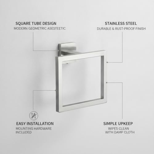 6.3 x 5.1 Inch Square Tube Towel Ring, Stainless Steel Wall Mount Hand Towel Holder for Bathroom Sink Vanity