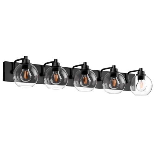 5 Light Bathroom Light Fixtures-Matte Black Bathroom Vanity Lights, Modern Vanity Lights 5-Light Bathroom Lighting Fixtures Over Mirror with Clear Glass Globe Shade - color: ‎Matte Black, size: 5-Light