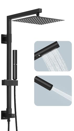 BESy All Metal 10 Inch Square Rainfall Shower Head with 2 In 1 Handheld Spray Combo Shower Sytem Shower Faucet Fixturer Showerhead Rain Set Hand Held Sprayer with Adjustable Slide Bar Brass Black