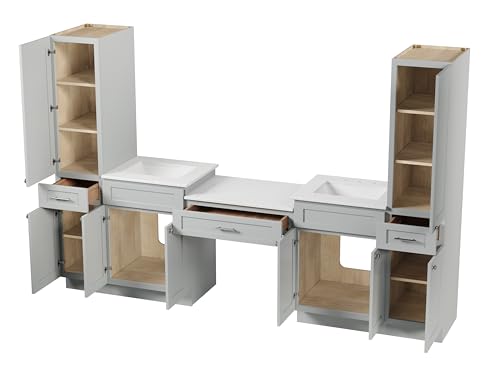 108" Double Sink Bathroom Vanity with Makeup Desk and Dual Linen Storage Towers, 3 Drawers, Carrara Quartz Top and Ceramic Sinks, Solid Wood Frame, 108" x 22" x 72" (Gray) - color: Grey